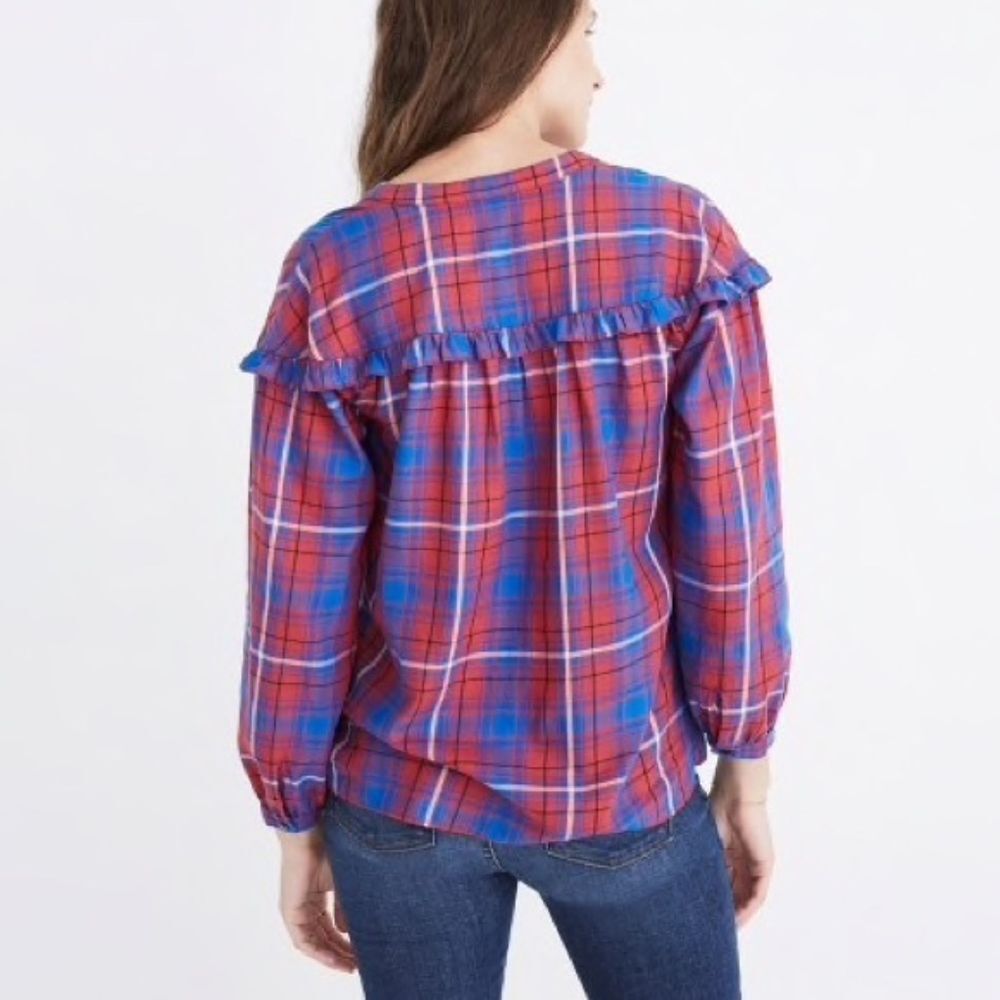 Madewell Red Blue Plaid Ruffle Button Down Shirt Womens Large - Picture 2 of 8